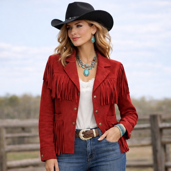 Skies Are Blue Jackets & Blazers - Skies Are Blue Red Faux Suede Fringe Jacket Western Boho XS